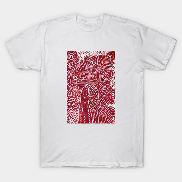 Peacock Linocut in Pink T-Shirt by AdamRegester